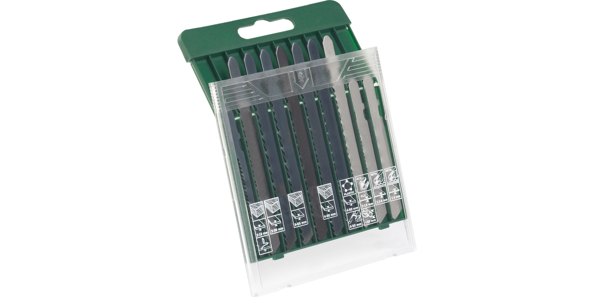 10-piece saw blade box, wood/metal/plastic (T-shank)